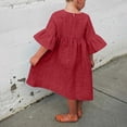 thumbnail image 4 of Tranfacy Robe d'Été pour Filles, Robe à Manches Courtes pour Filles, Robe Unie pour Enfants de Moyenne à Grande Taille, Robe Plissée Décontractée à Col Rond à Manches Mi-Longues, 4 of 4