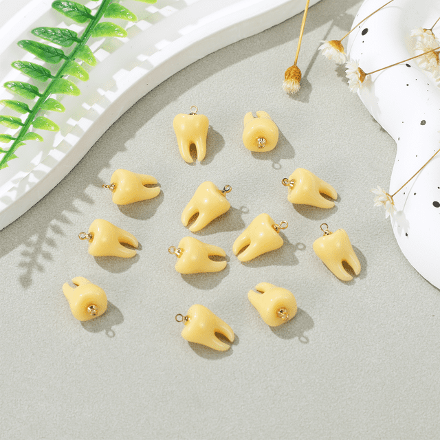 CIMAXIC Tooth Fairy 12Pcs Resin Light Yellow Tooth Pendant for Valentine's Day Jewelry Decoration