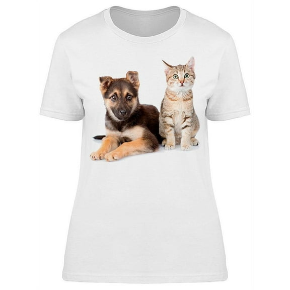 Cat And Dog Sitting T-Shirt Women -Image by Shutterstock, Female Medium
