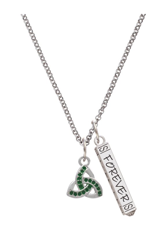 Silvertone Small 2-D Green Trinity Knot Silvertone Forever Bar Charm Necklace, 23"