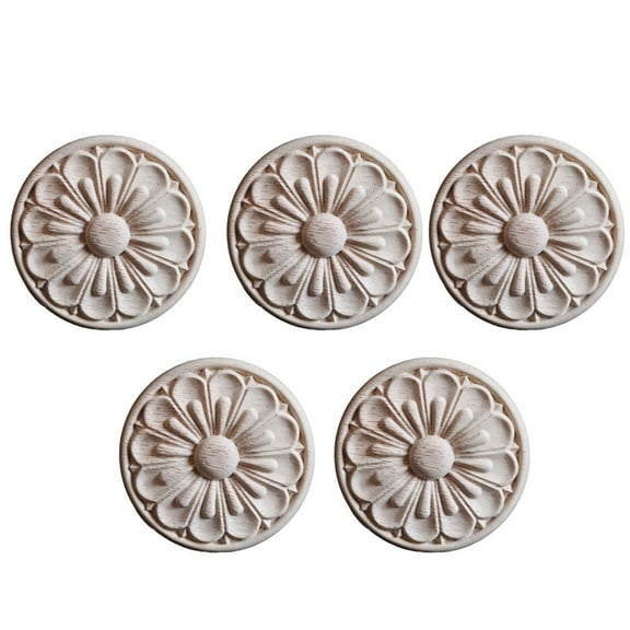 5Pcs Round Handmade Wood Furniture Applique Onlay Carving Decal Diy Wood Carved