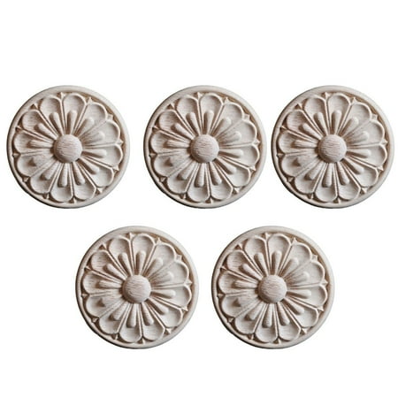 

5pcs Round Handmade Wood Furniture Applique Onlay Carving Decal DIY Wood Carved
