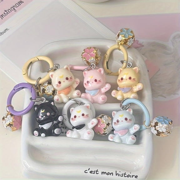 6PCS Drum Bell Cat Cartoon Keychain Student Backpack Cute Pendant Girl Bag Accessories Girlfriend mini 3D Cat Keychains, Car Key Decorations, Christmas and Thanksgiving Party Gifts