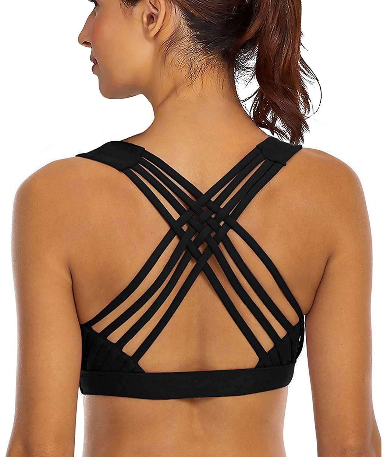 Women Comfortable Light Support Padded Yoga Top Cross Strappy Back Sports Bra
