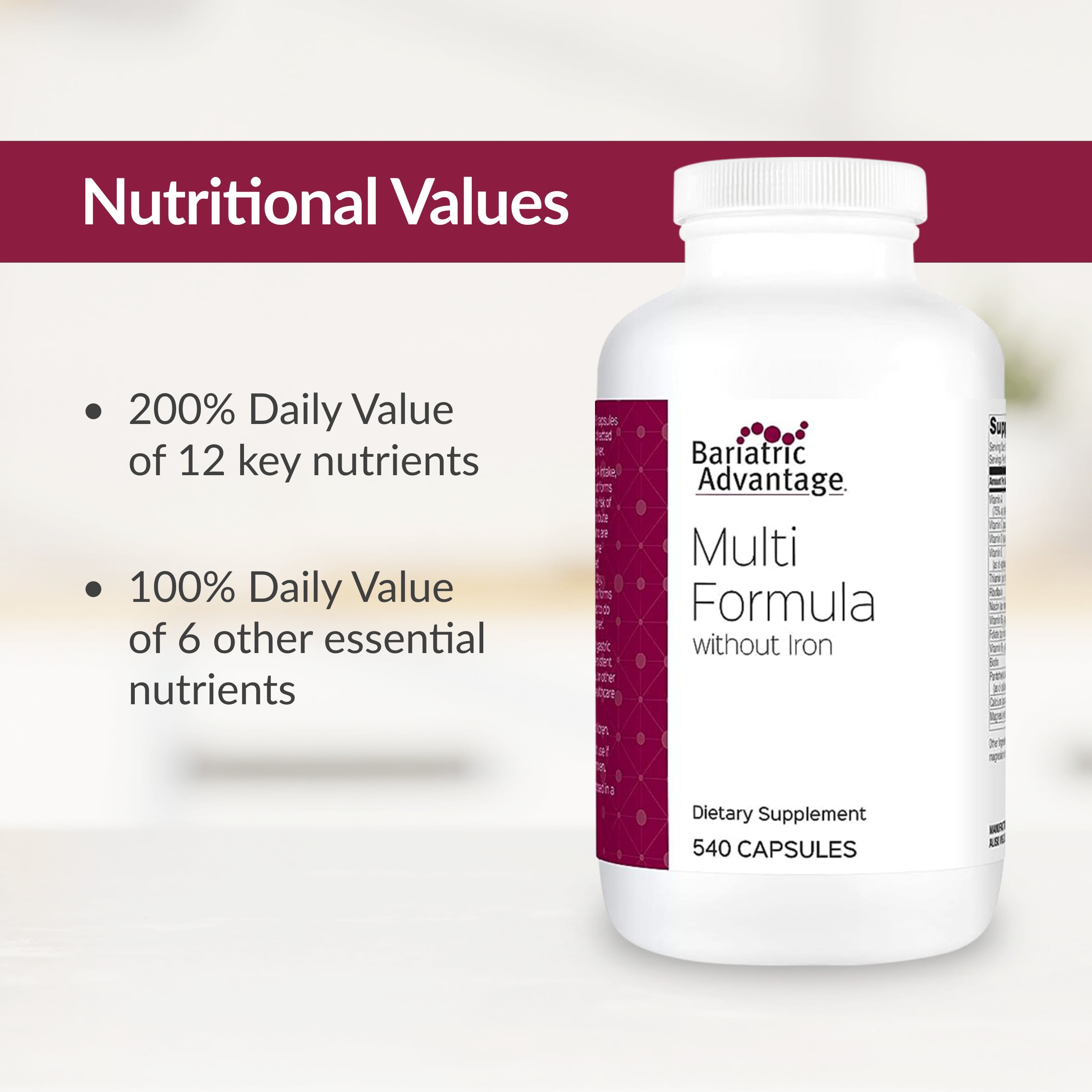 Bariatric Advantage Multi Formula Without Iron, High Potency Daily Multivitamin for Bariatric Surgery Patients with 22 Essential Vitamins and Nutrients - 540 Capsules