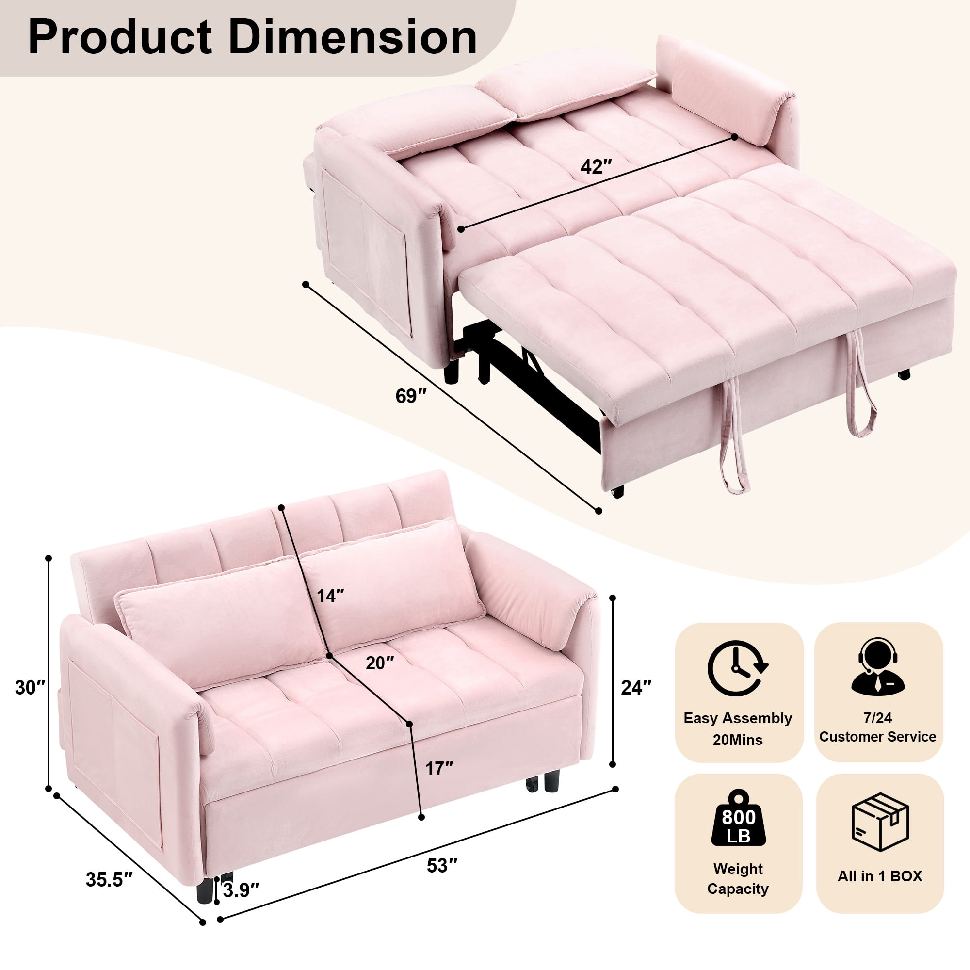 BedLuxury 53" Velvet Convertible Futon Sofa Bed, 3-in-1 Loveseat Sleeper Sofa with Pull Out Bed & Adjustable Backrest for Living Room or Office, Pink