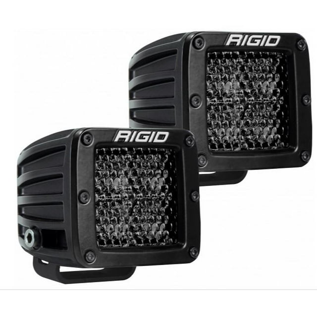 Rigid Industries 202513Blk D Series Pro Spot Diffused Light, a set of two 3-inch square LED driving/fog lights with a translucent black enamel finish and black housing. Features include a diffused spot beam, 1411 raw lumens, impact-resistant polycarbonate lens, and IP68 dust and water ingress compliance. Includes mounting hardware, wiring harness, switch, and Deutsch connector. Designed for off-road use only.
