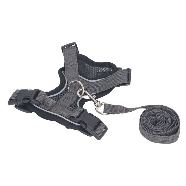 Pet Vest Traction Rope Set, Cat Harness Leash Set Escape Proof Adjustable for Travel and Walking in sizes XS and S. Designed for cats, this walking harness features soft and breathable polyester material for comfort. Includes an escape-proof chest strap and adjustable leash in grey, ideal for outdoor activities.