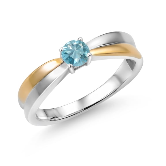 Gem Stone King 925 Silver and 10K Yellow Gold Blue Zircon Solitaire Engagement Ring for Women (0.50 Cttw, Round 4MM, Gemstone Birthstone, Available in Size 5, 6, 7, 8, 9)