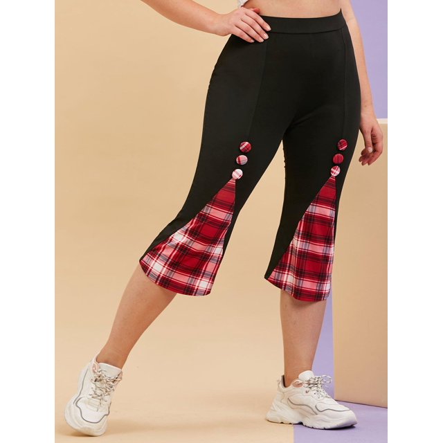 Botón cubierto de paneles de cuadros de talla grande Botón Capri Leggings Rosegal Leggings de talla grande