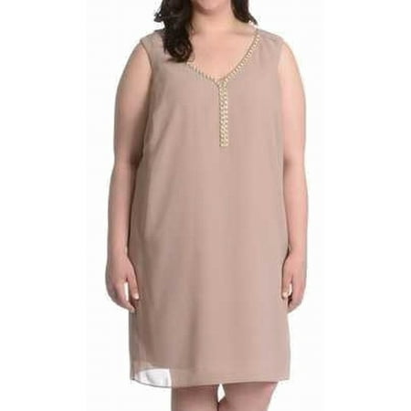 S L Fashions Champagne Sleeveless Beaded-Neck Dress 20W