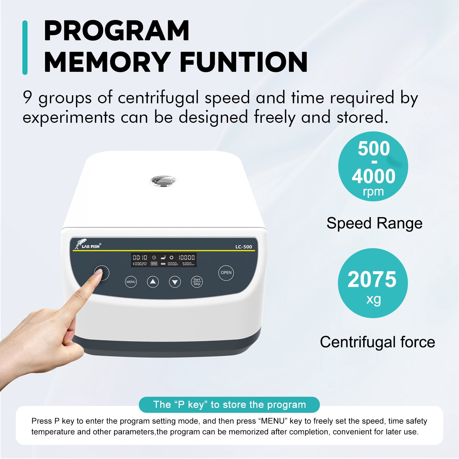 LAB FISH LC500-12 Low Speed Lab Centrifuge, 12-Place 4000rpm, 2075xg, 9 Programs, for 2ml/5ml/10ml/15ml Tubes – Benchtop Machine for PRP, Plasma, PRF Separation