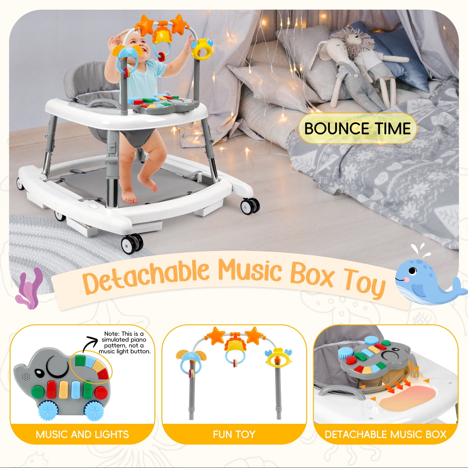5-in-1 Foldable Baby Walker with Music & Lights – Adjustable Height, Bouncer, Wheels, Portable Toddler Walker for Baby Boys & Girls 6-18 Months, White