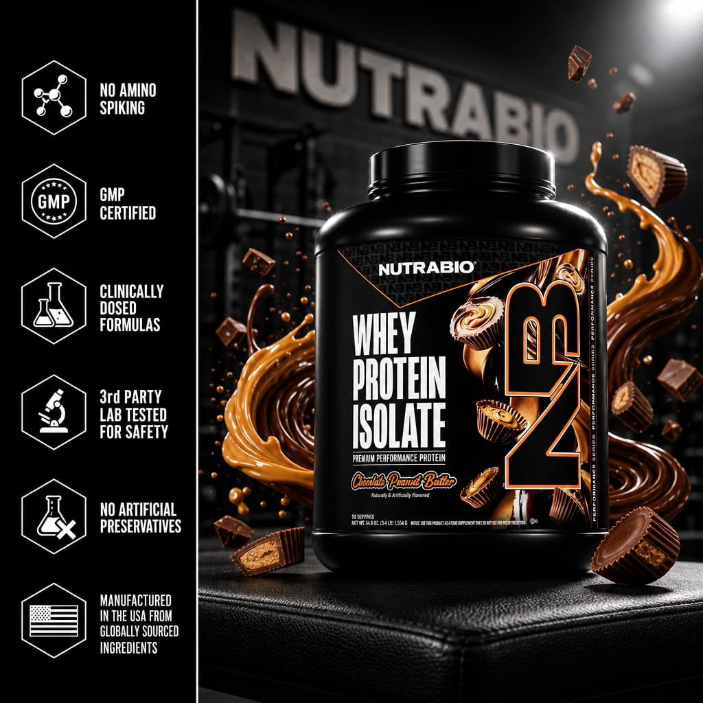 NutraBio Whey Protein Powder Isolate Supplement – 25g of Protein Per Scoop with Complete Amino Acid Profile - Soy and Gluten Free - Zero Fillers and Non-GMO - Chocolate Peanut Butter - 5 Lbs.