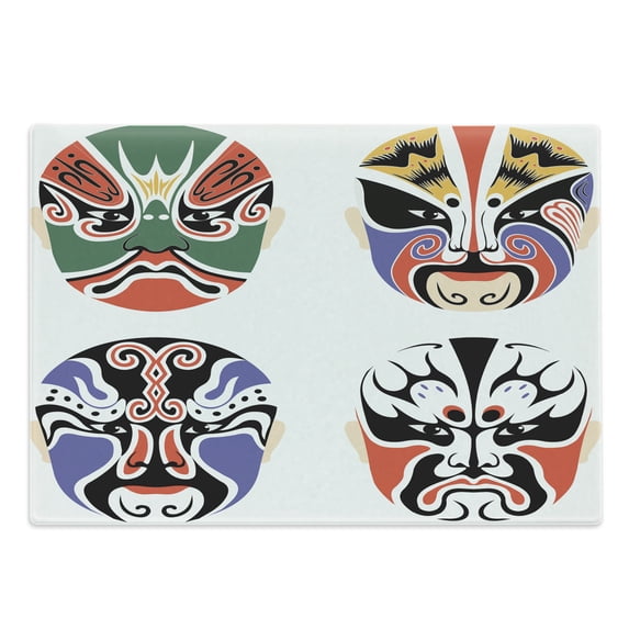 Kabuki Cutting Board, Traditional Chinese Cultural Opera Composition Art Theme, Decorative Tempered Glass Cutting and Serving Board, Large Size, Multicolor, by Ambesonne