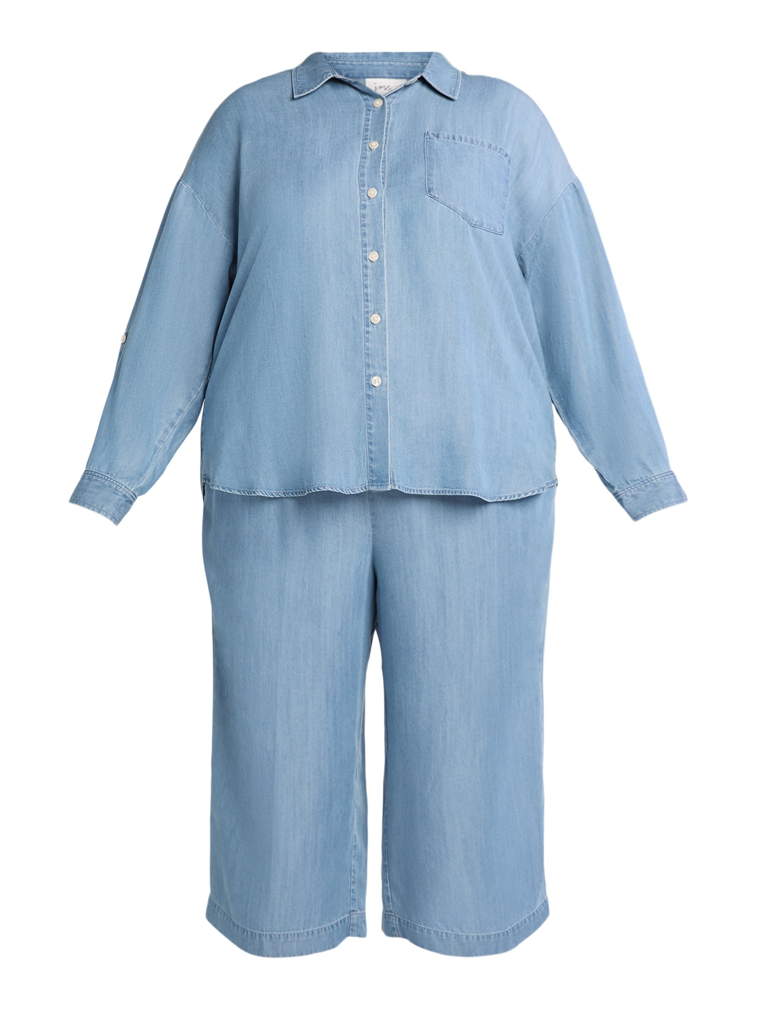 Just My Size Women's Plus Chambray Button Up Shirt and Capri Pants Set, 2-Piece, 21" Inseam, Sizes 0X-4X