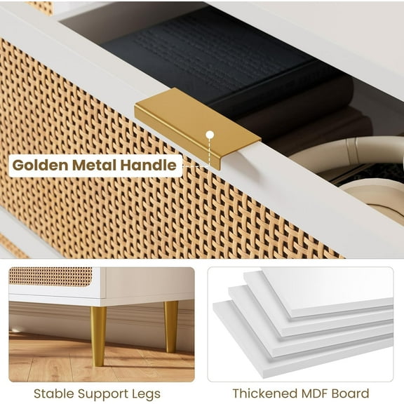 Historyli Rattan Dressers, for Bedroom, 5 Drawer, Tall, with Deep Drawers, White