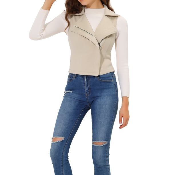 CHALECO CORTO SIN MANGAS DE SUEDE SINTÉTICO PARA MUJERES INSPIRADO EN EL ESTILO CHIC M BEIGE