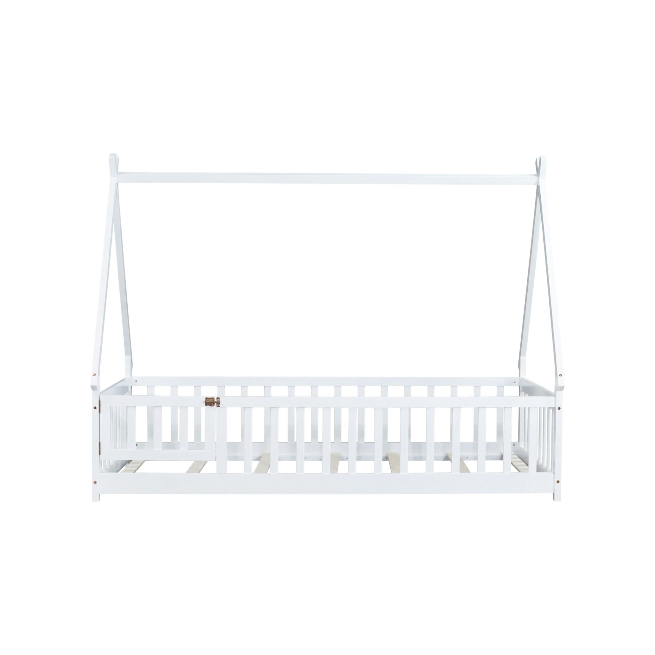 Noble House Misty Twin Teepee Floor Bed with Safety Fence and Door, Solid Rubber Wood Tent Bed, Kid's Room, White