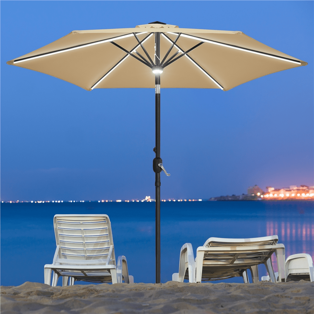 Renwick 9Ft Outdoor Patio Umbrella with Solar Powered LED Lights Strips, Tan
