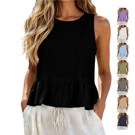 TGSLY Linen Crew Neck Tank Tops for Women Lightweight Soft Sleeveless Peplum Shirts Flowy Fit Ruffle Hem Solid Color Vest M