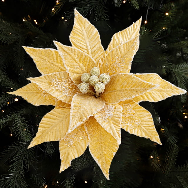Flores Navideñas de Terciopelo Dorado con Detalles de Cristal de Hielo | Accesorios Diy para Decorar El Árbol | 26X26Cm - Reutilizables y Realistas | 1 Unidad