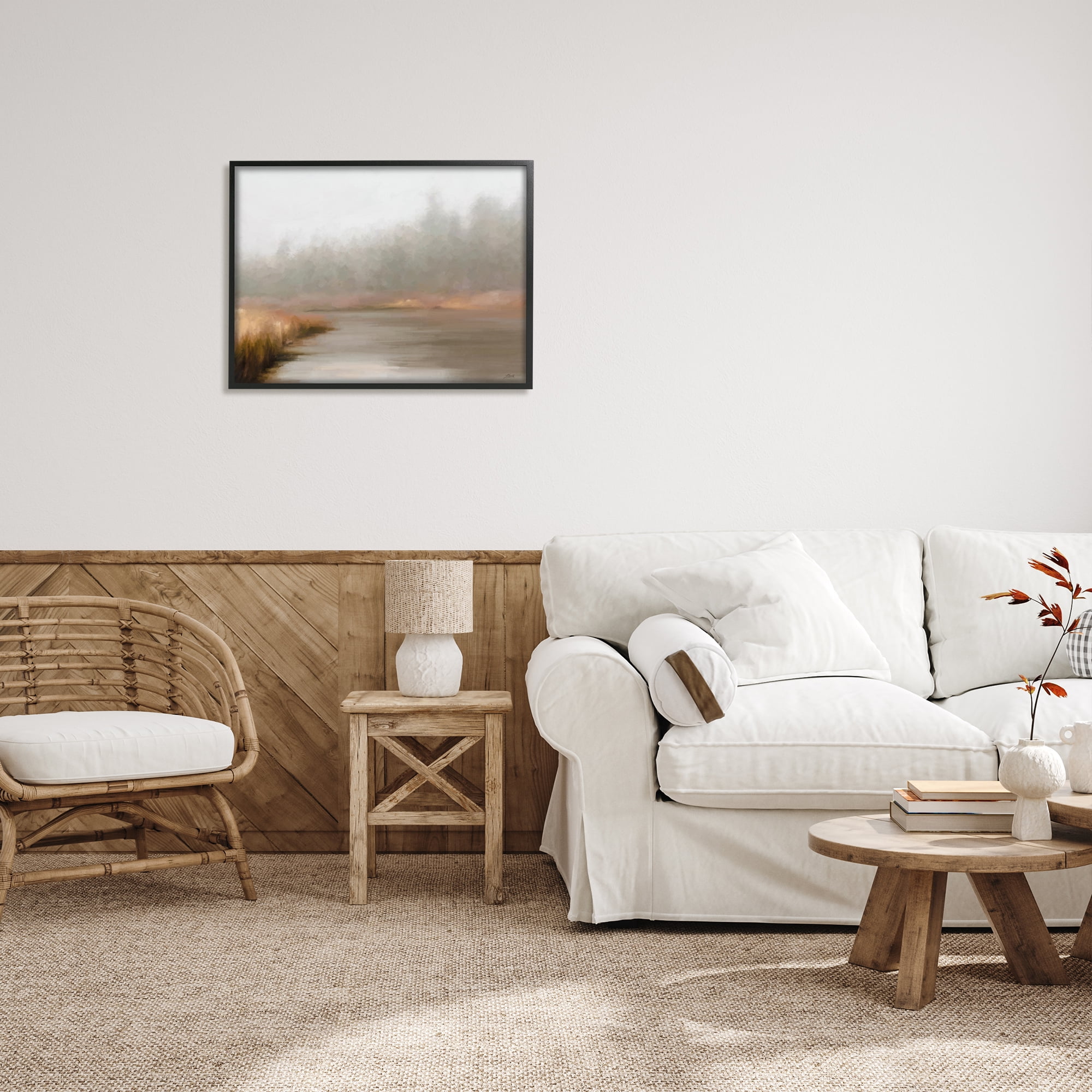 Stupell Industries Rural Stream in Fog Nature Painting Black Framed Art Print Wall Art, 30 x 24