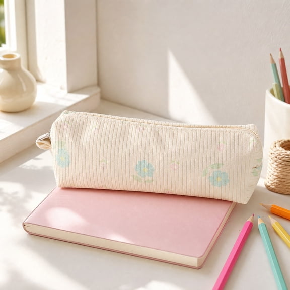 Beautynvta Floral Print Pencil Pouch, Zippered Pencil Case, Makeup Brush Bag, Large Capacity Stationery Pouch for Office and Travel Use