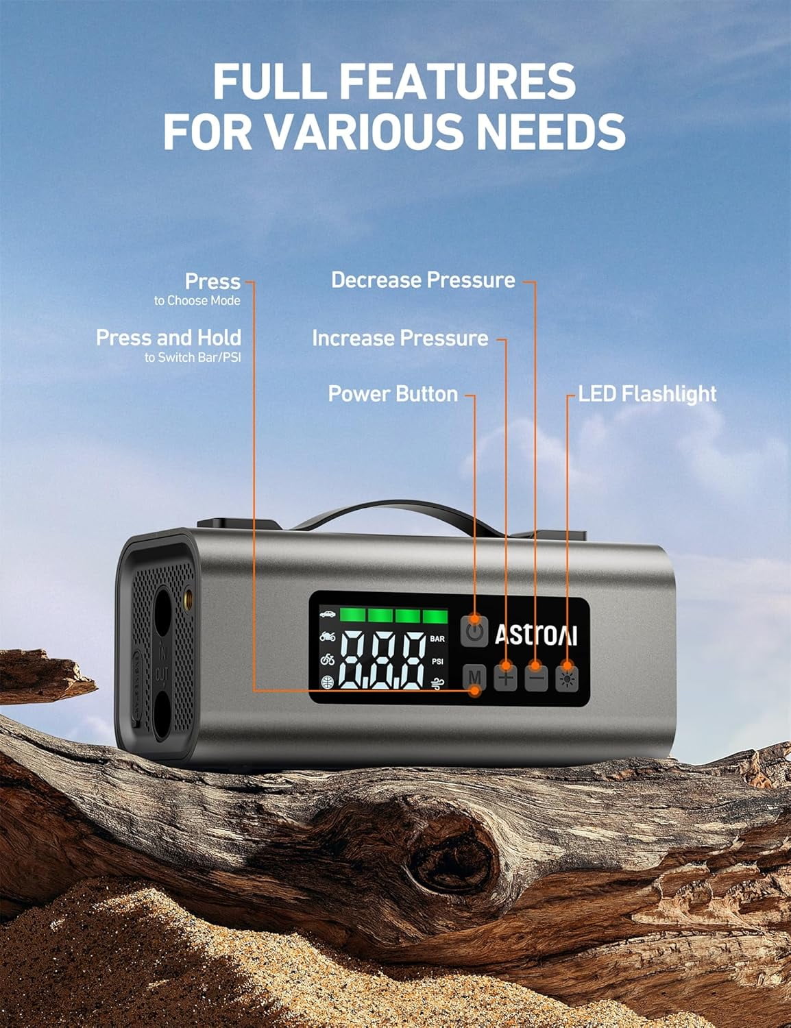 AstroAI Portable Car Jump Starter with Air Compressor 150PSI, 2500A Car Battery Jump Starter Pack Up to 7.5L Gas & 5.0L Diesel Engine, UL Certified