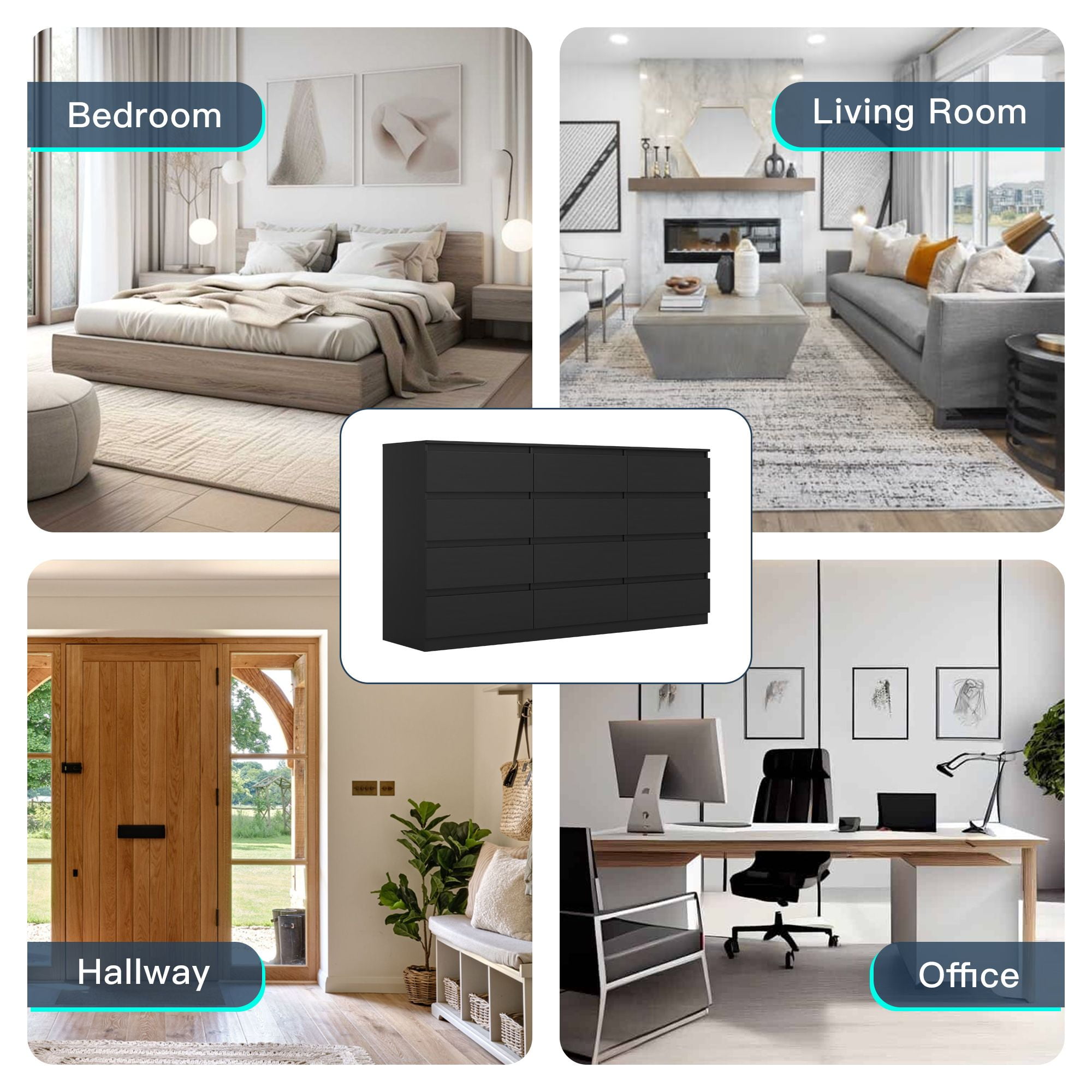 Finihen 12 Drawer Double Dresser, Modern 12 Chest of Drawers with Deep Drawers, Wide Storage Organizer Cabinet for Living Room, Kids, Black Finihen 12 Drawer Double Dresser, Modern 12 Chest of Drawers with Deep Drawers, Wide Storage Organizer Cabinet for Living Room, Kids, Black