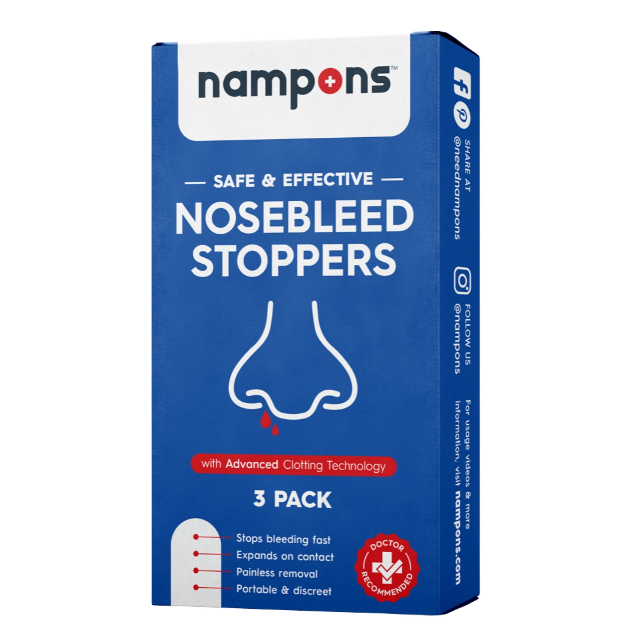 Nampons Kids Nosebleed Stoppers, Nasal Plugs with Clotting Agent, First Aid Kit, 3 Count