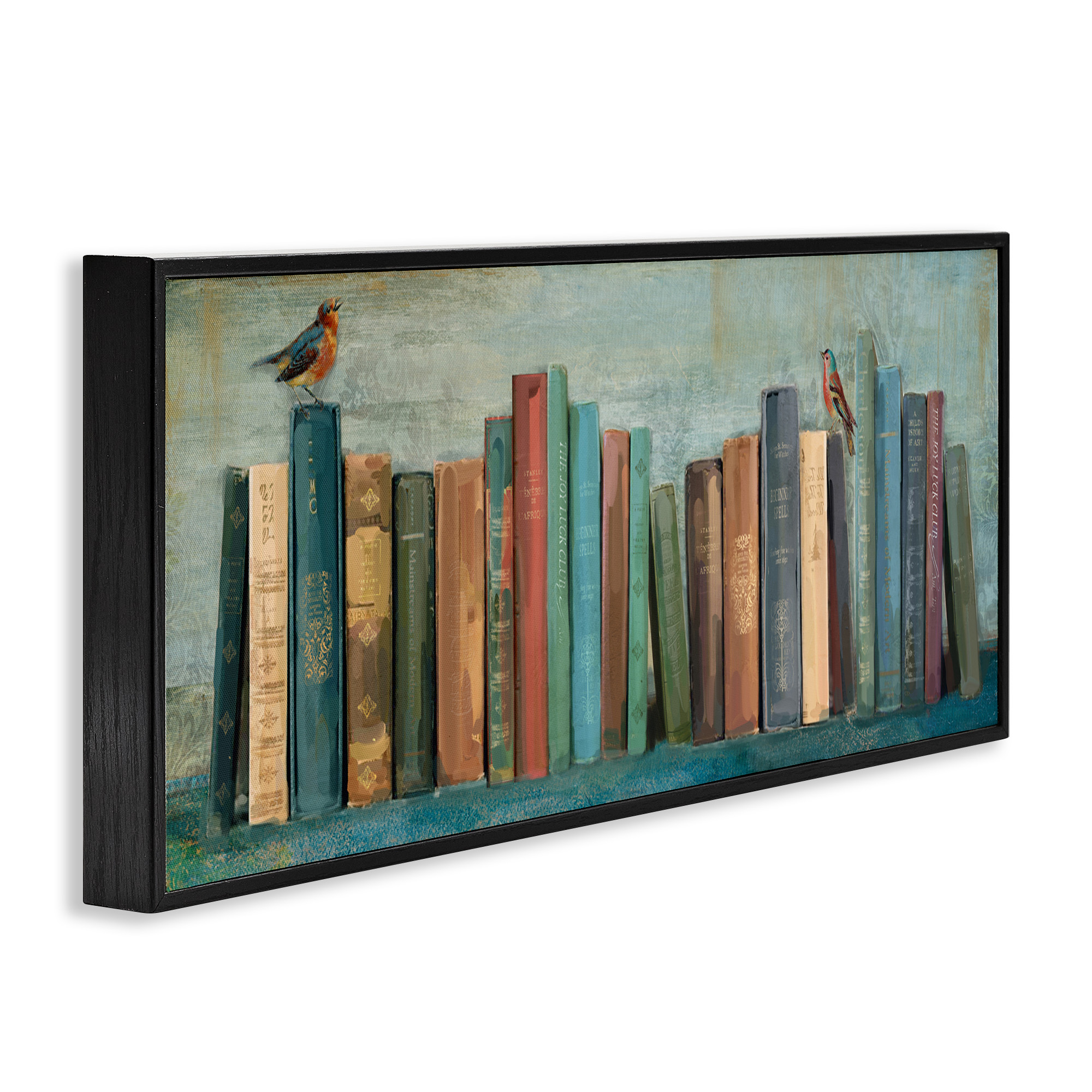Stupell Industries Books And Birds Bookshelf Painting Animals & Insects Painting Black Framed Art Print Wall Art, 24 x 10