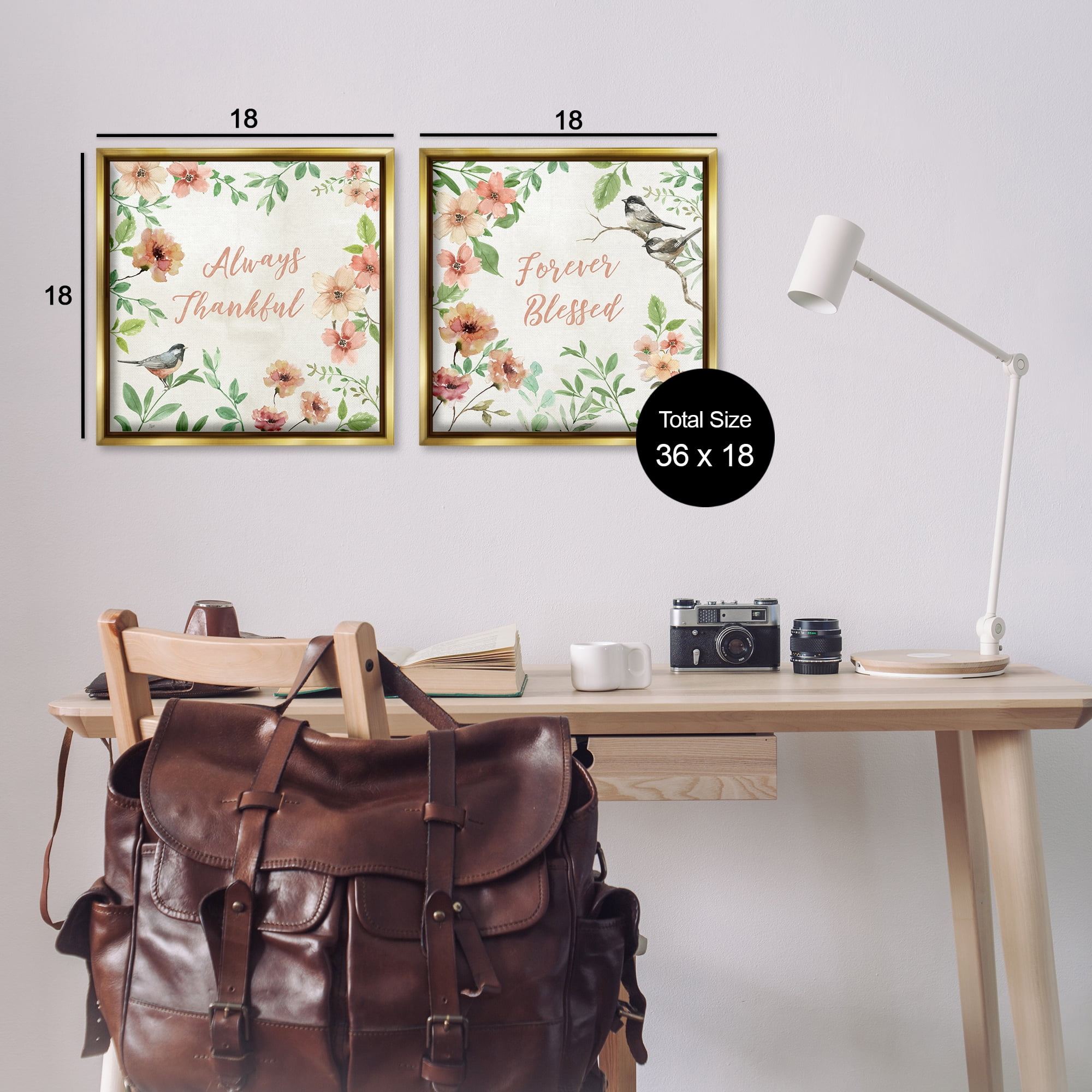 Stupell Industries Always Forever Bird Plants & Flowers Painting Gold Floater Framed Canvas Art Print Wall Art, 18 x 18, Set of 2