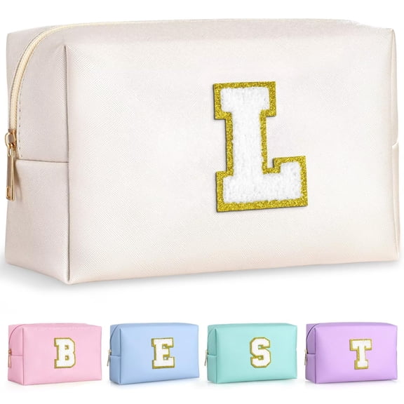TOPEAST Regalos de cumpleaños personalizados para mujer, Neceser de maquillaje con parches preppy, Neceser de chenilla con letras, Organizador de viaje, Regalos para amigas, Cosas lindas para mujer (B