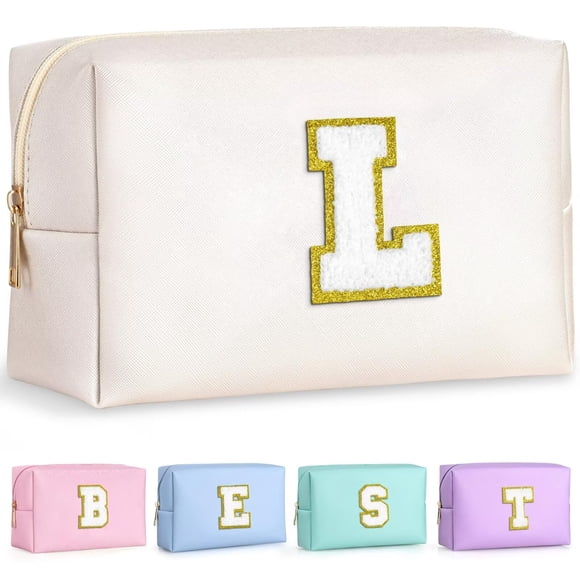 TOPEAST Regalos de cumpleaños personalizados para mujer, Neceser de maquillaje con parches preppy, Neceser de chenilla con letras, Organizador de viaje, Regalos para amigas, Cosas lindas para mujer (B