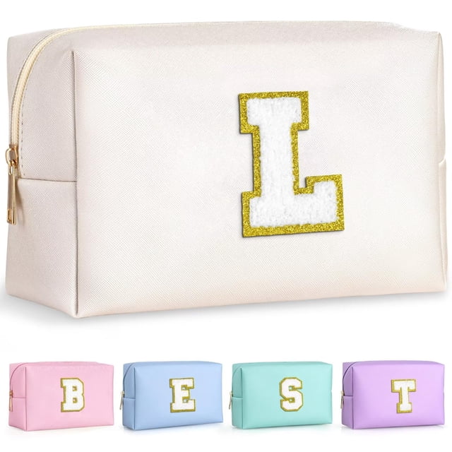TOPEAST Regalos de cumpleaños personalizados para mujer, Neceser de maquillaje con parches preppy, Neceser de chenilla con letras, Organizador de viaje, Regalos para amigas, Cosas lindas para mujer (B