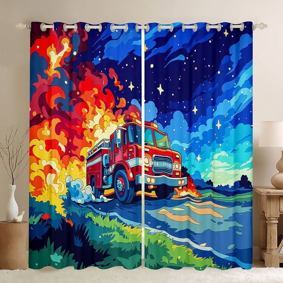 Castle Fairy Cartoon Fire Truck Black Out Curtains for Toddlers, Night Flame Print Curtains Pack of 2 (42x63 Each) for Bedroom, Red Blue