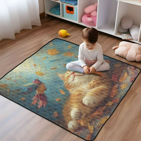 WOBOGO Orange Cat Leaf Fall Baby Playmats Extra Large Waterproof Rollable Activity Pads for Toddlers 50×50inch