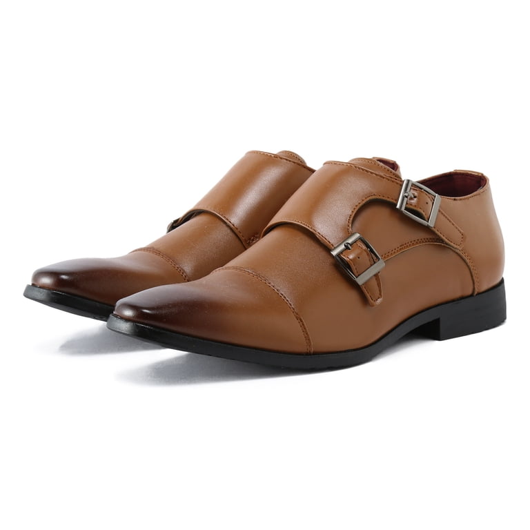 Mens Double Monk Strap Slip On Loafers Cap Toe Leather  display picture 2