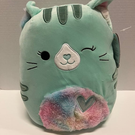 Squishmallows Official Kellytoy Corinna Teal Tabby Cat with Rainbow Fuzzy Ears and Belly 11 Inch Plush