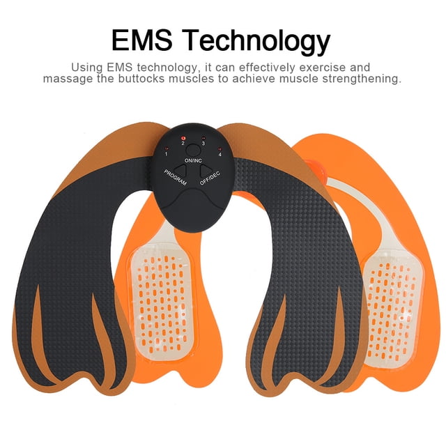 ems hips electroestimulador muscular gluteos estimulador de glúteos hip trainer ayuda a levantar cadera ecomeon no dispositivo EMS en U para cadera, vista frontal con almohadillas en U negras y naranja y unidad central negra con botones; almohadillas de gel visibles, textura cuadriculada, medidas 20 x 26 cm (7.9 x 10.2 in); puede ejercitar y masajear músculos de las nalgas y también es útil para sesiones cortas de activación muscular.