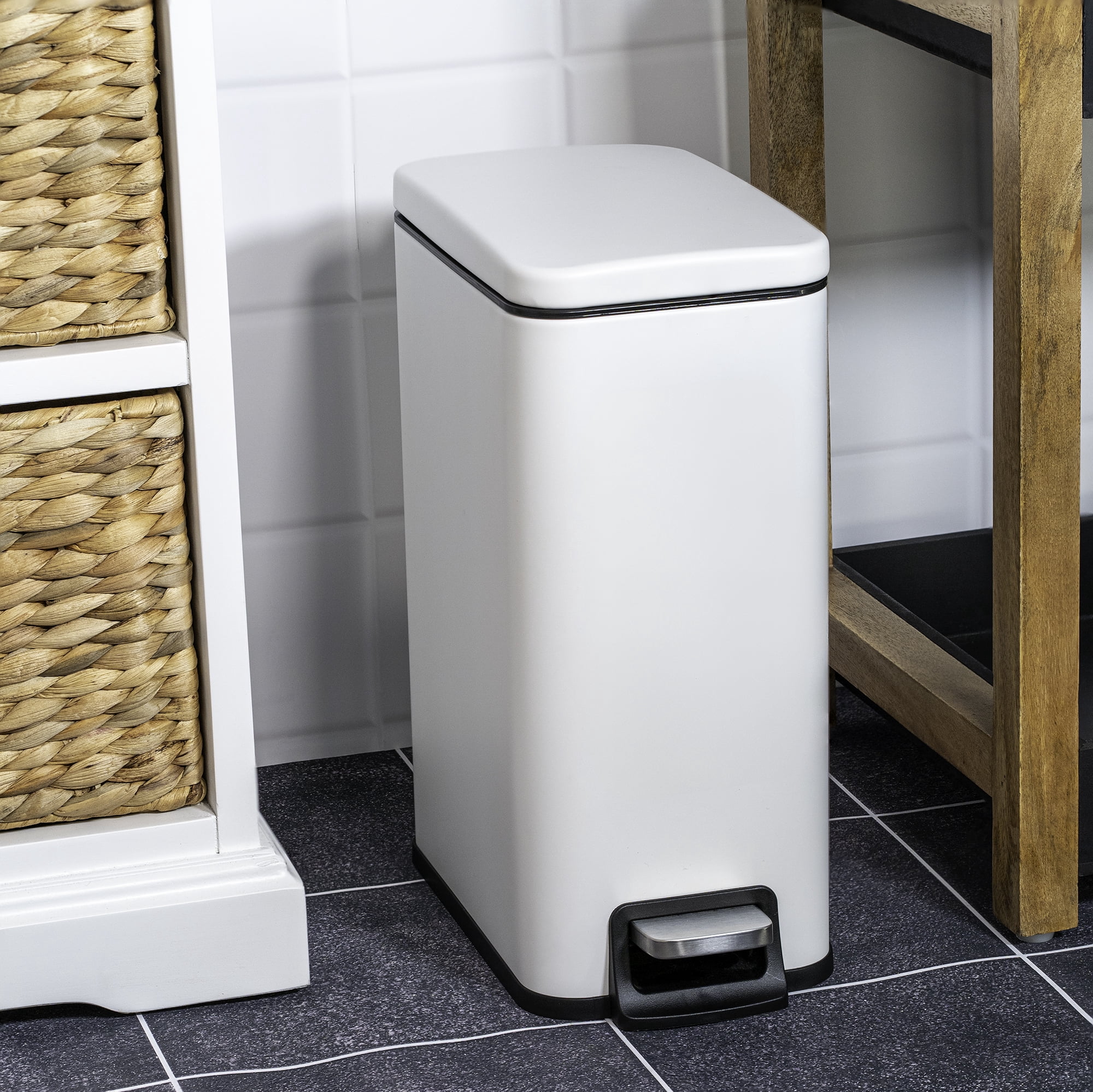 Moorefield Forte Slim Rectangular Step Trash Can, 1.6 Gallon Compact Bathroom Waste Bin with Soft Close Lid and Removable Inner Bucket, Matte White