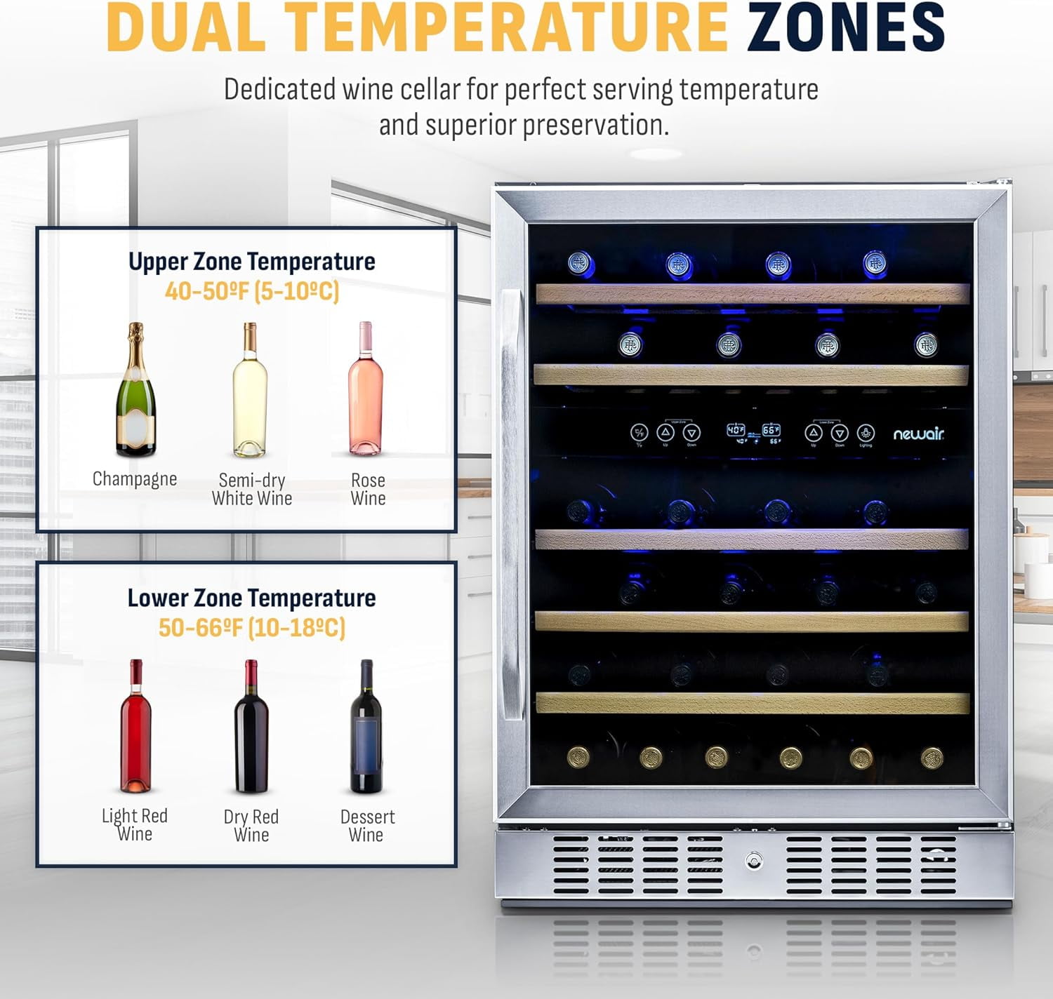 Restored Newair 24 inch 46 Bottle Wine Cooler Refrigerator, Built-in Dual Zone Wine Fridge in Stainless Steel (Refurbished)