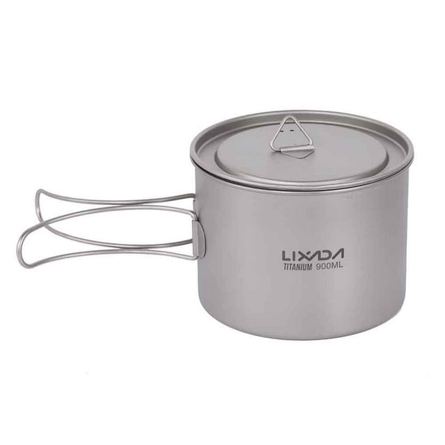 Lixada Tasse en Titane 900 ml, Pot Ultraléger Portable avec Couvercle et Poignée Pliable, Camping, Randonnée, Backpacking en Plein Air
