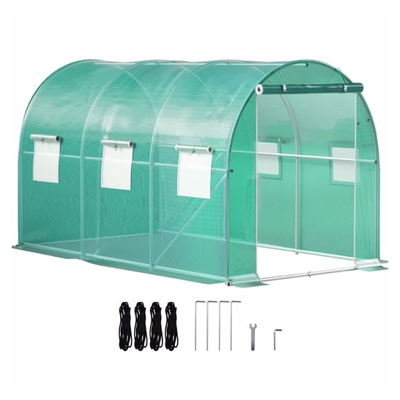 12x7x7 ft Walk-in Greenhouse, Portable Plant Tunnel with Steel Hoops & Windows, Green