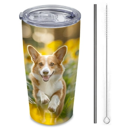 

happy corgi running through sunflower field Insulated 20 oz Stainless Steel Travel Tumbler Reusable Straw & Brush Hot & Cold Drinkware for Car Office Outdoor
