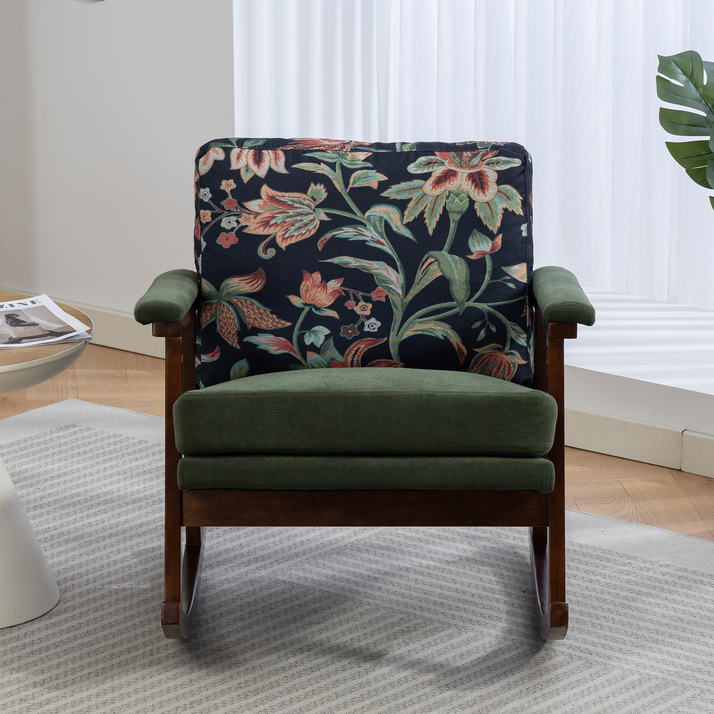 Paproos Rocking Chair, Paproos Velvet Upholstered Rocker Chair, Glider Rocker Accent Chair with Cushion, Rocking Chair for Nursery, Armchair Reading Chair for Living Room Bedroom, Green