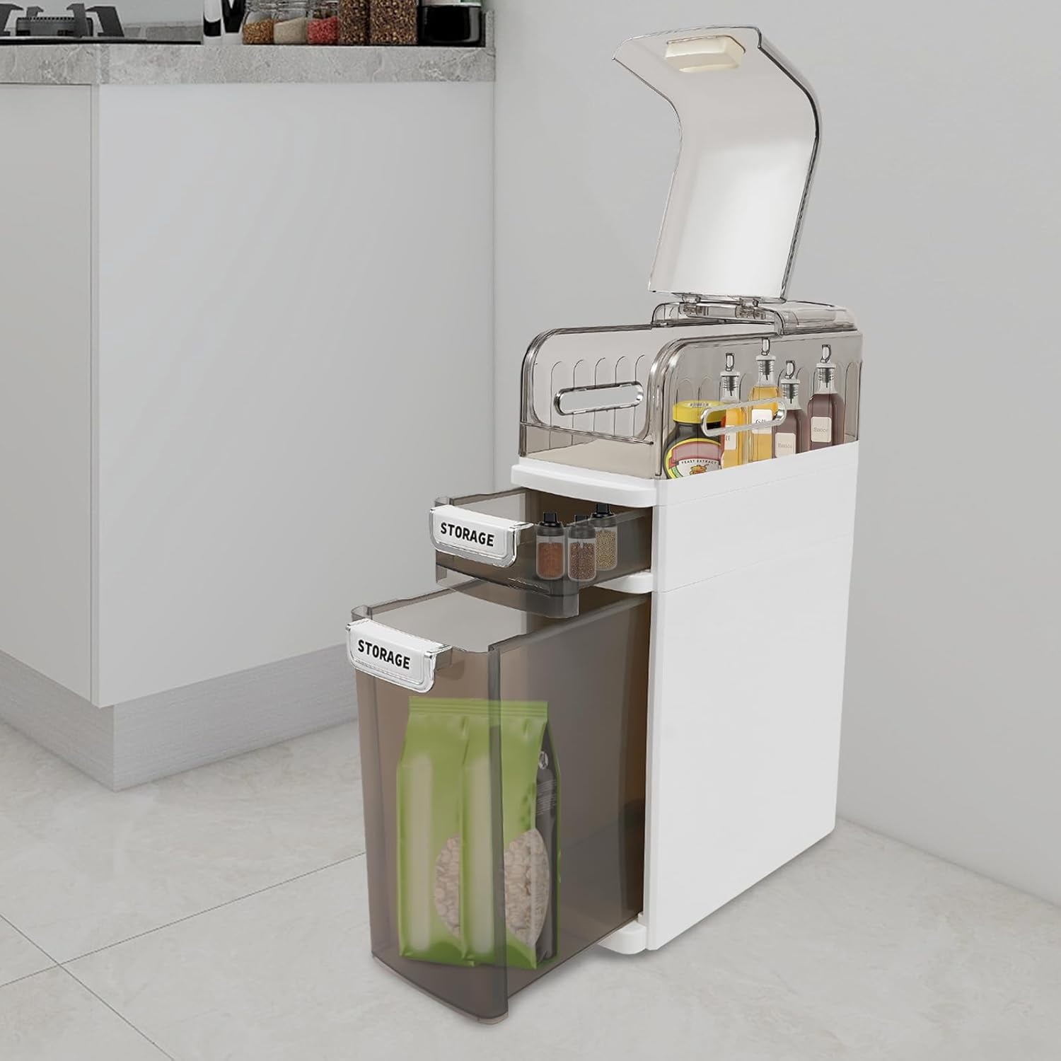 3-Tiers Home Narrow Slim Storage Cabinet,Modern Bathroom Storage Cabinet with Wheels, White Free Standing Storage Cabinet for Bathroom, Small Spaces