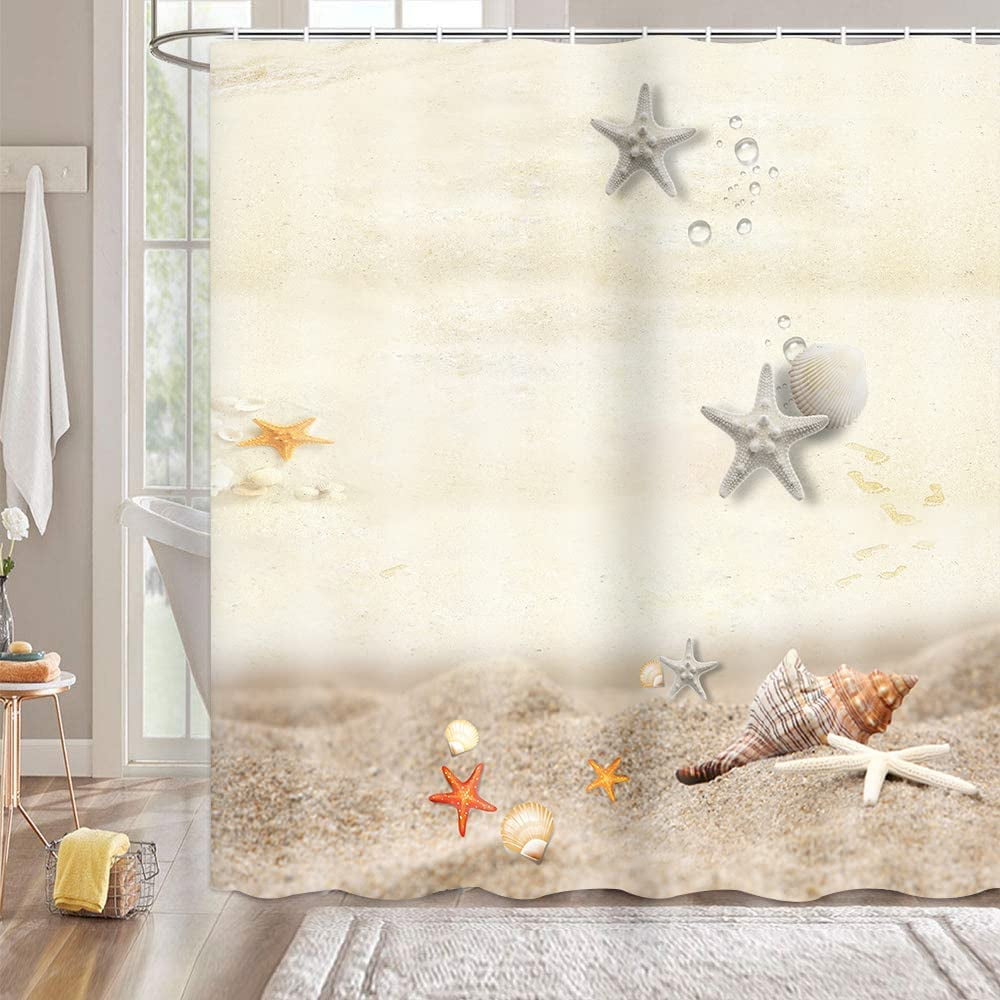 Beach Shell Starfish Bathroom Shower Curtain Beachconch Sand Blue Sky ...
