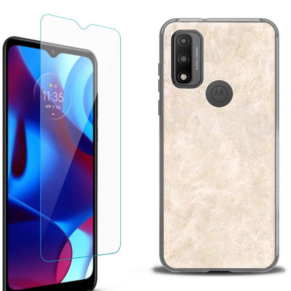 Slim-Fit Protective Phone Case (Black) compatible with Motorola Moto G Pure 5G, with Tempered Glass Screen Protector, by OneToughShield ® - Marble / Latte